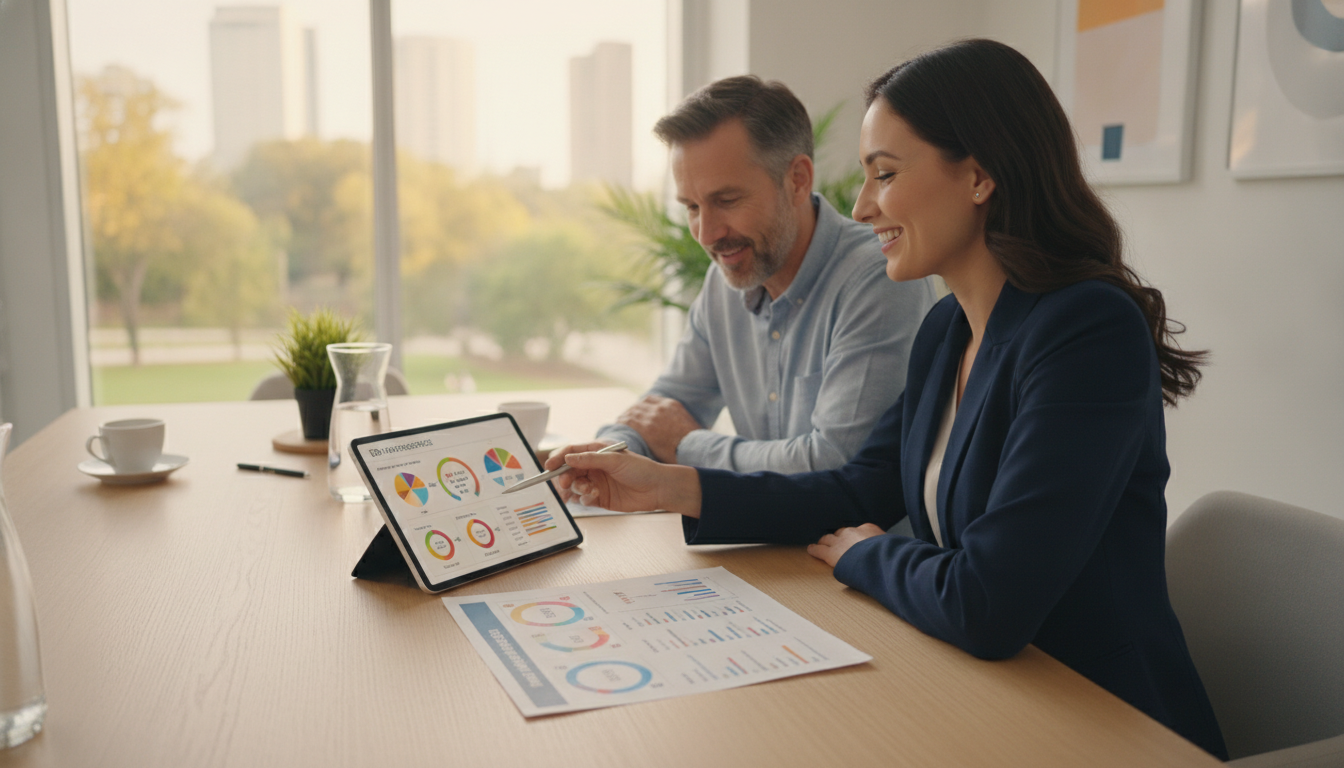 Insurance advisor and homeowner analyzing dwelling coverage limits on tablet