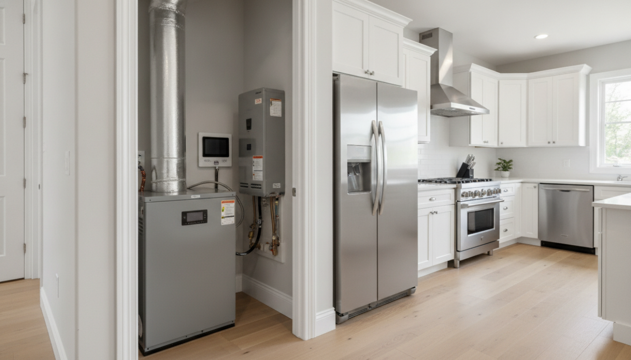 Modern residential home HVAC heating and cooling systems and high-end kitchen appliances