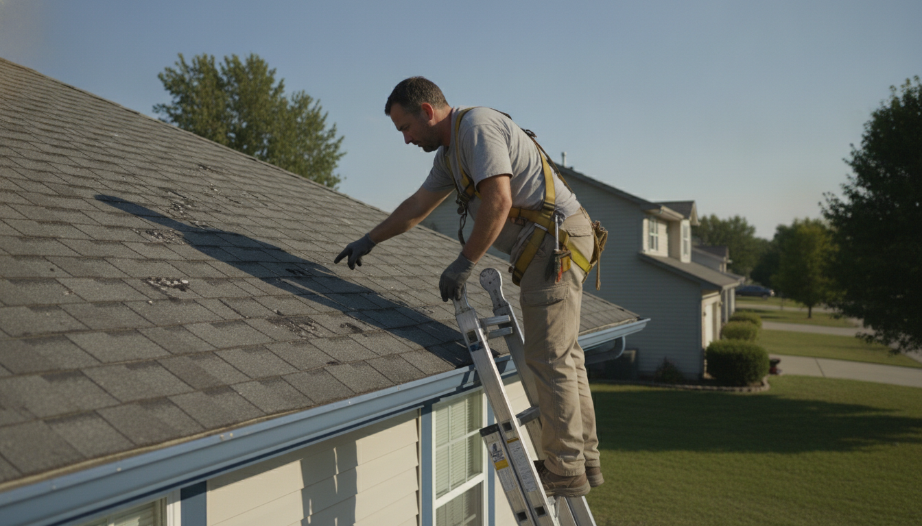 Roof inspector checks hail-damaged shingles before a homeowners insurance claim