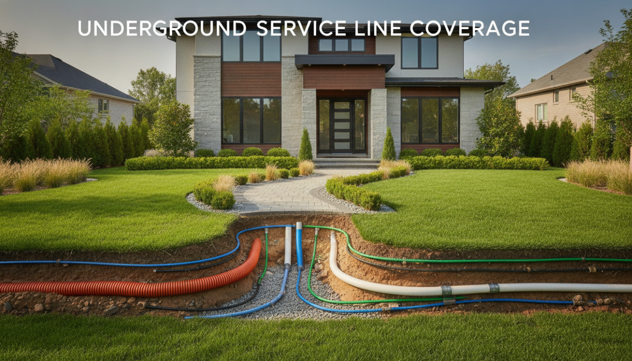 Suburban home cutaway showing underground service lines and utility pipes beneath yard