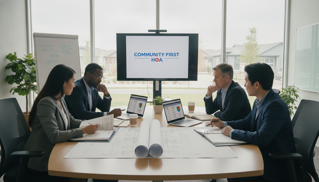 Condo HOA board members reviewing property insurance master policy deductible assessment budget