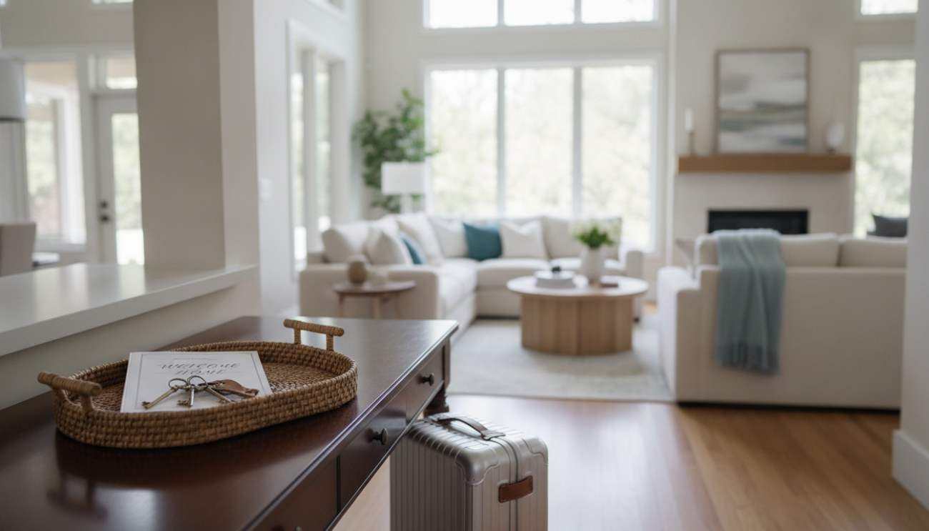 Cozy modern home living room with guest luggage ready for short-term rental