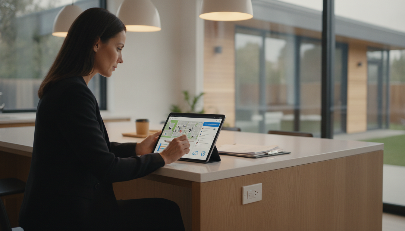 Homeowner checking digital neighborhood alerts on tablet to manage personal liability and privacy risks