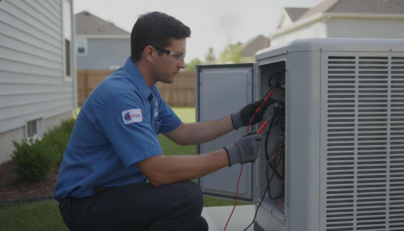 Licensed technician inspecting a heat pump compressor and wiring during equipment breakdown diagnostic