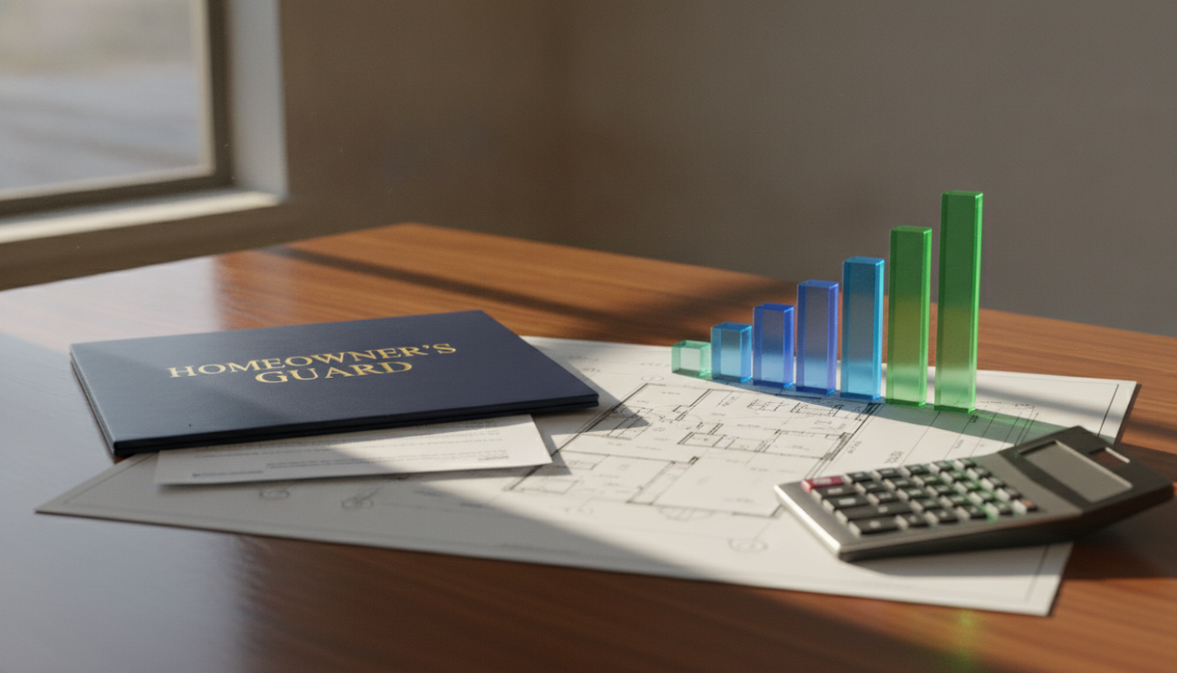 Modern home blueprints with financial graph illustrating inflation guard endorsement