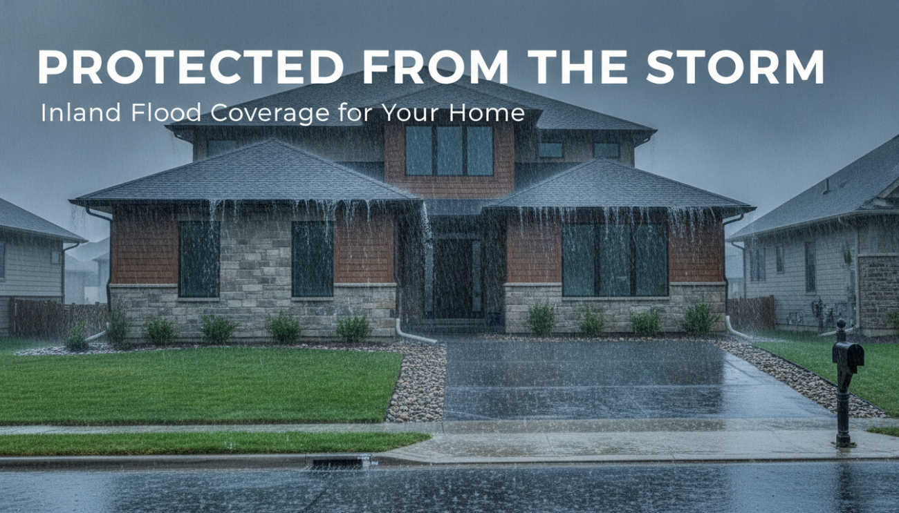 Suburban home exterior during heavy rain with stormwater flowing safely past foundation