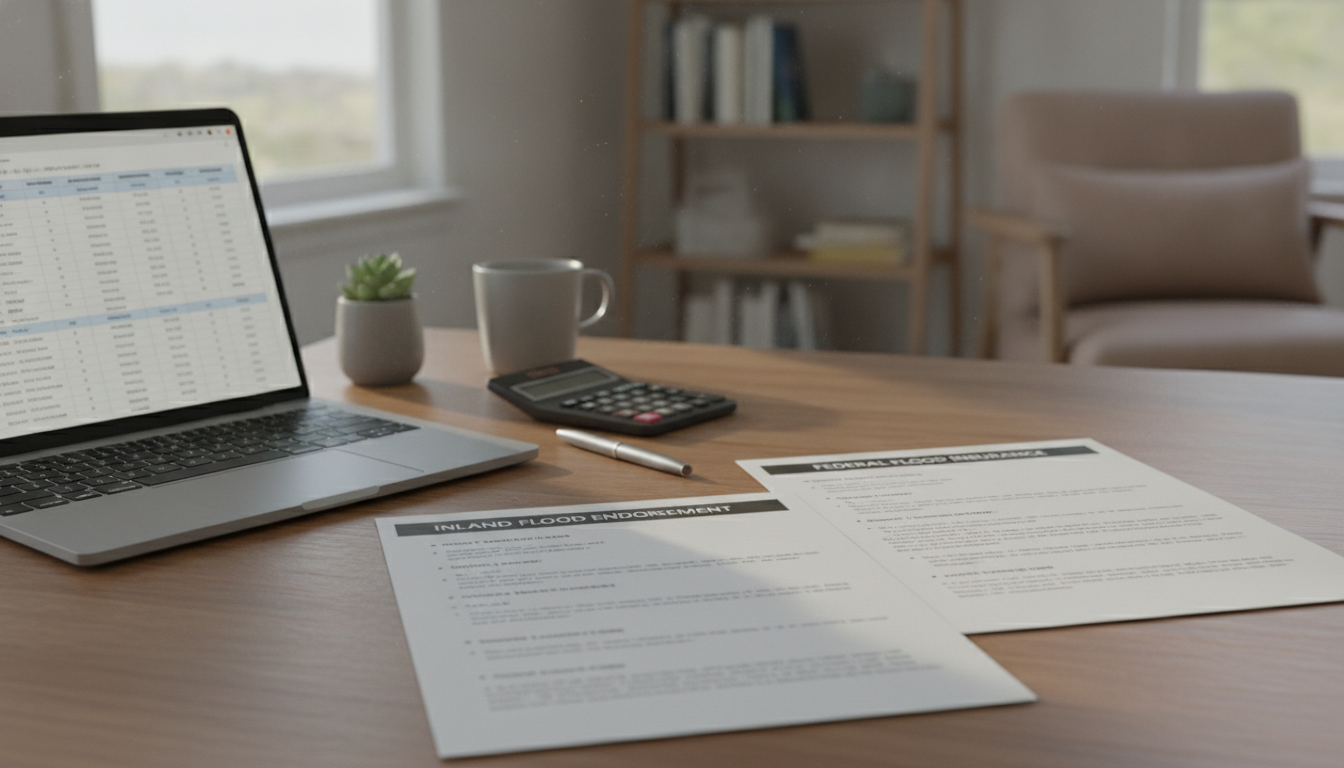 Homeowner desk with insurance policy documents comparing flood endorsements and NFIP coverage