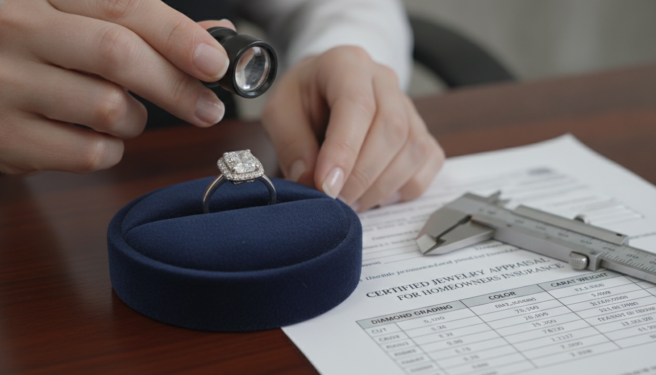 Gemologist inspecting diamond ring with loupe for insurance policy appraisal