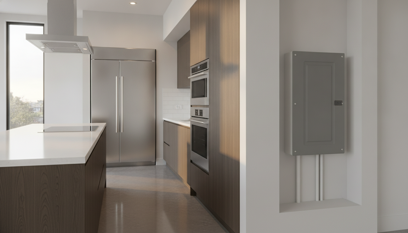 Modern kitchen appliances and residential circuit breaker electrical panel protected by home equipment breakdown coverage