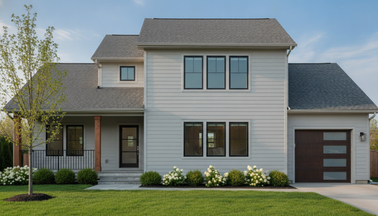 Suburban home with seamless roof shingles and siding representing matching coverage