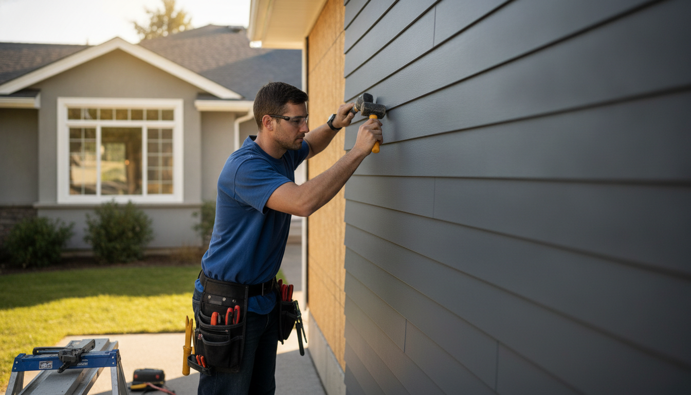 Residential contractor installing matching siding panels on house exterior to maintain uniform appearance