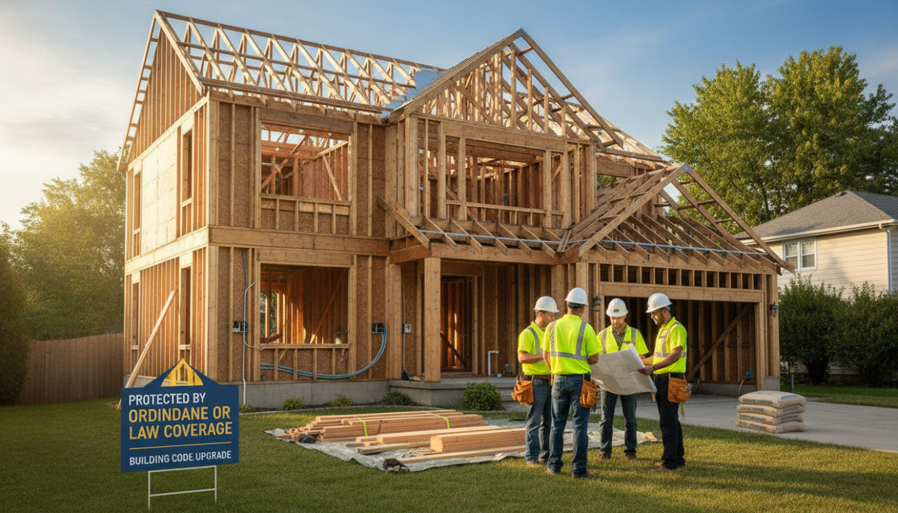 Suburban residential house undergoing building code upgrades and structural roof reinforcement