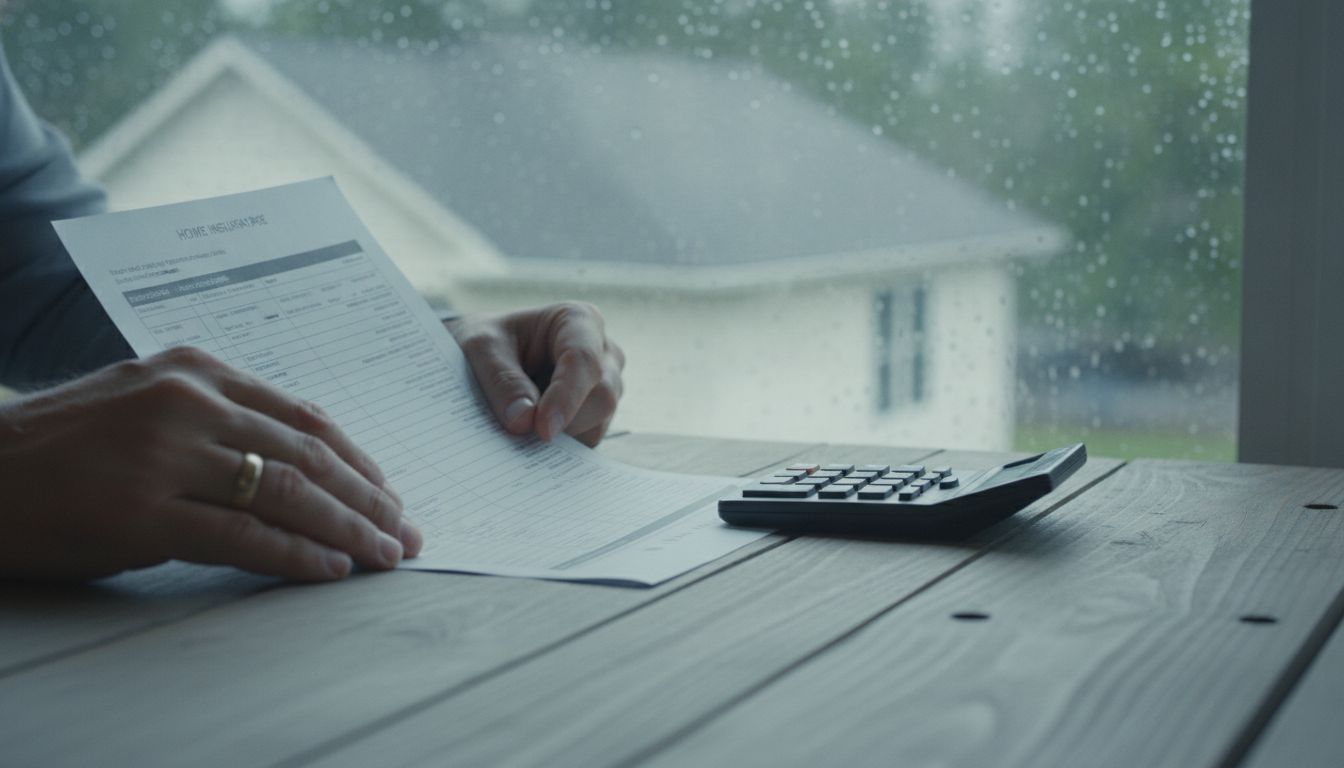 Homeowner reviews a percentage wind deductible on an insurance policy after a storm