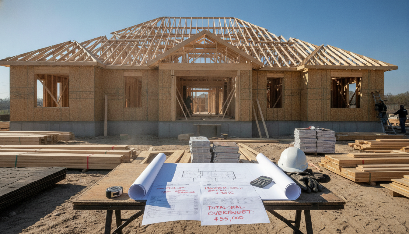 Residential home under construction with architectural blueprints showing rebuilding costs