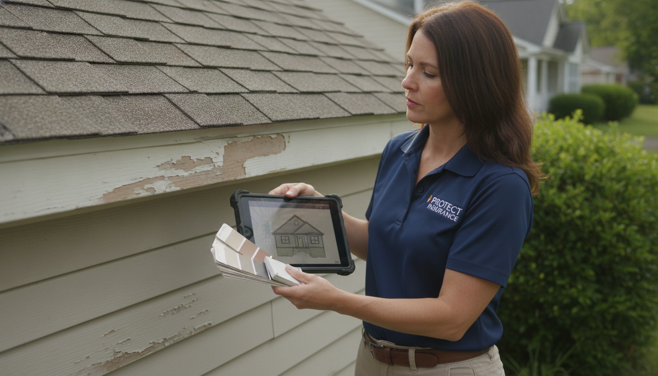 Insurance adjuster inspecting storm-damaged siding and roof shingles with color matching samples