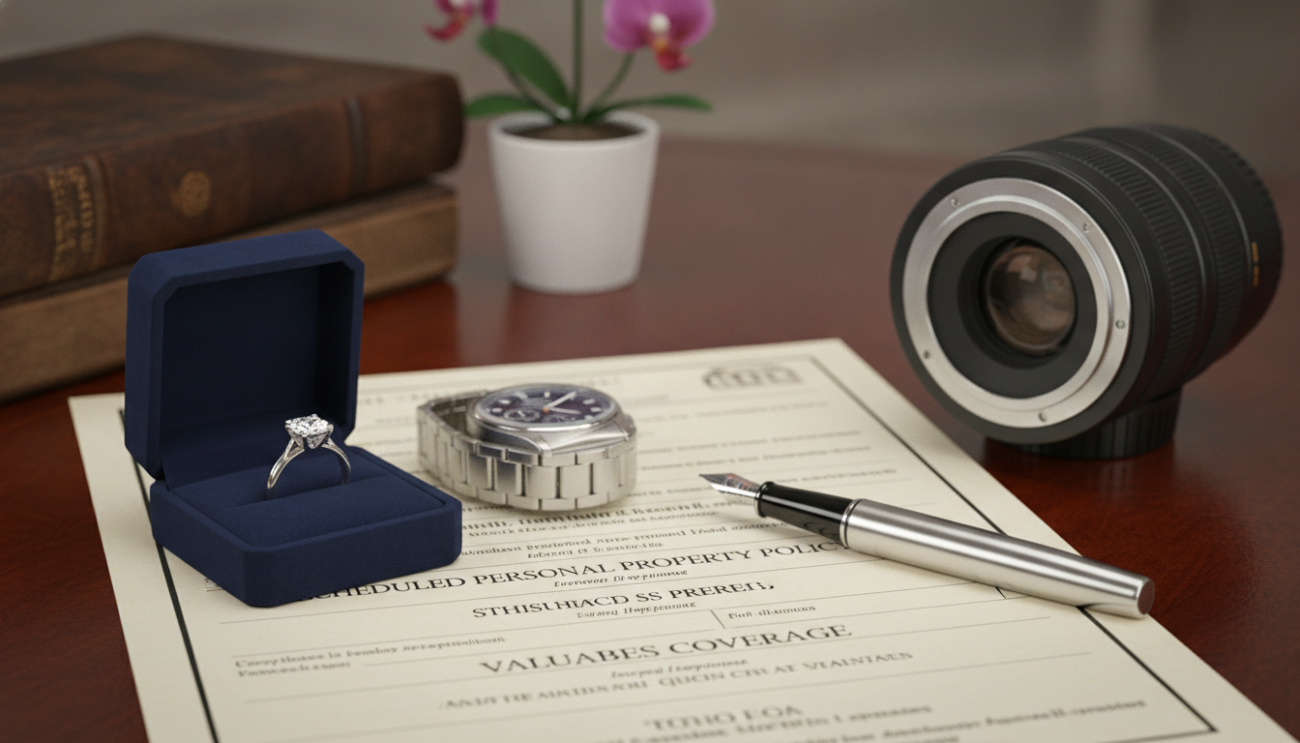 Diamond ring, luxury watch, and appraisal papers representing scheduled personal property coverage