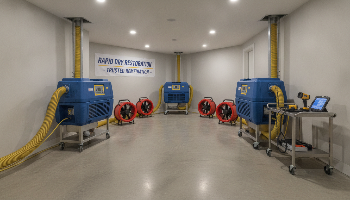 Professional water damage cleanup and drying equipment deployed after a sewer backup