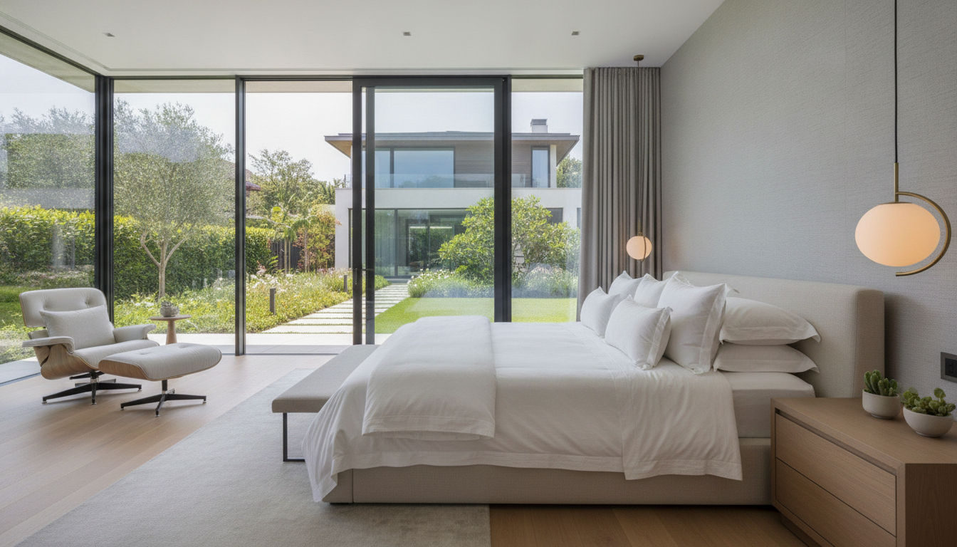 Clean contemporary vacation rental bedroom demonstrating property damage protection