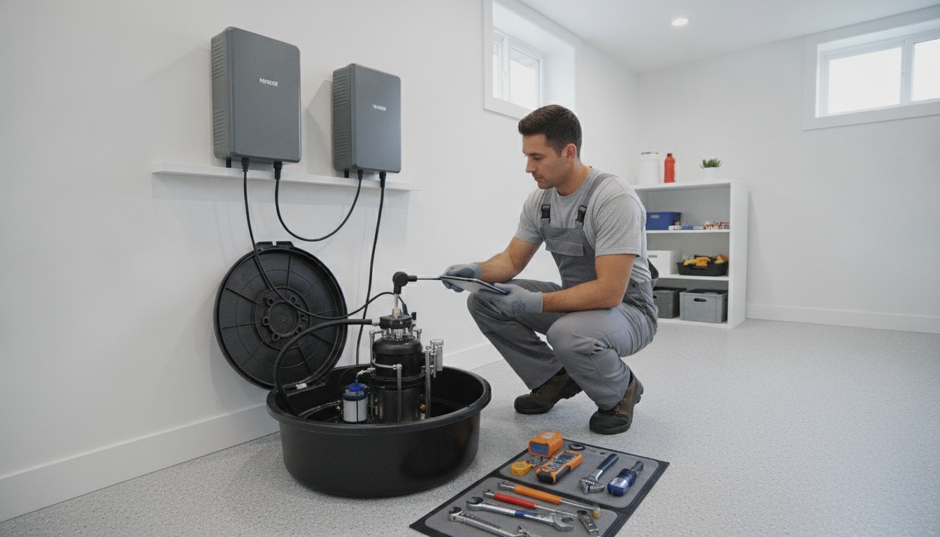 Plumber checking residential sump pump basin and backup power system to prevent water damage