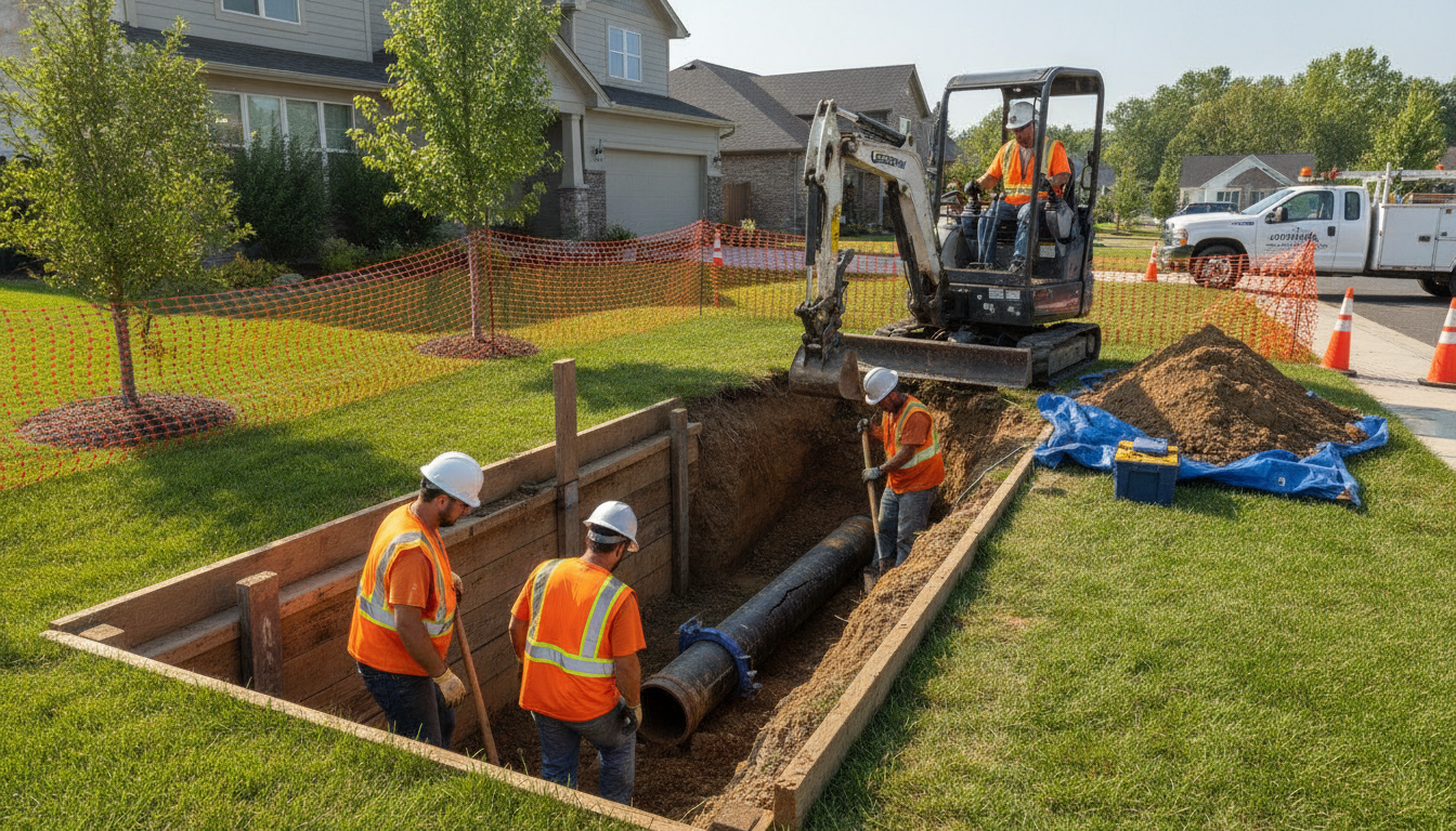 Excavation contractors digging trench to repair broken underground sewer line in residential yard
