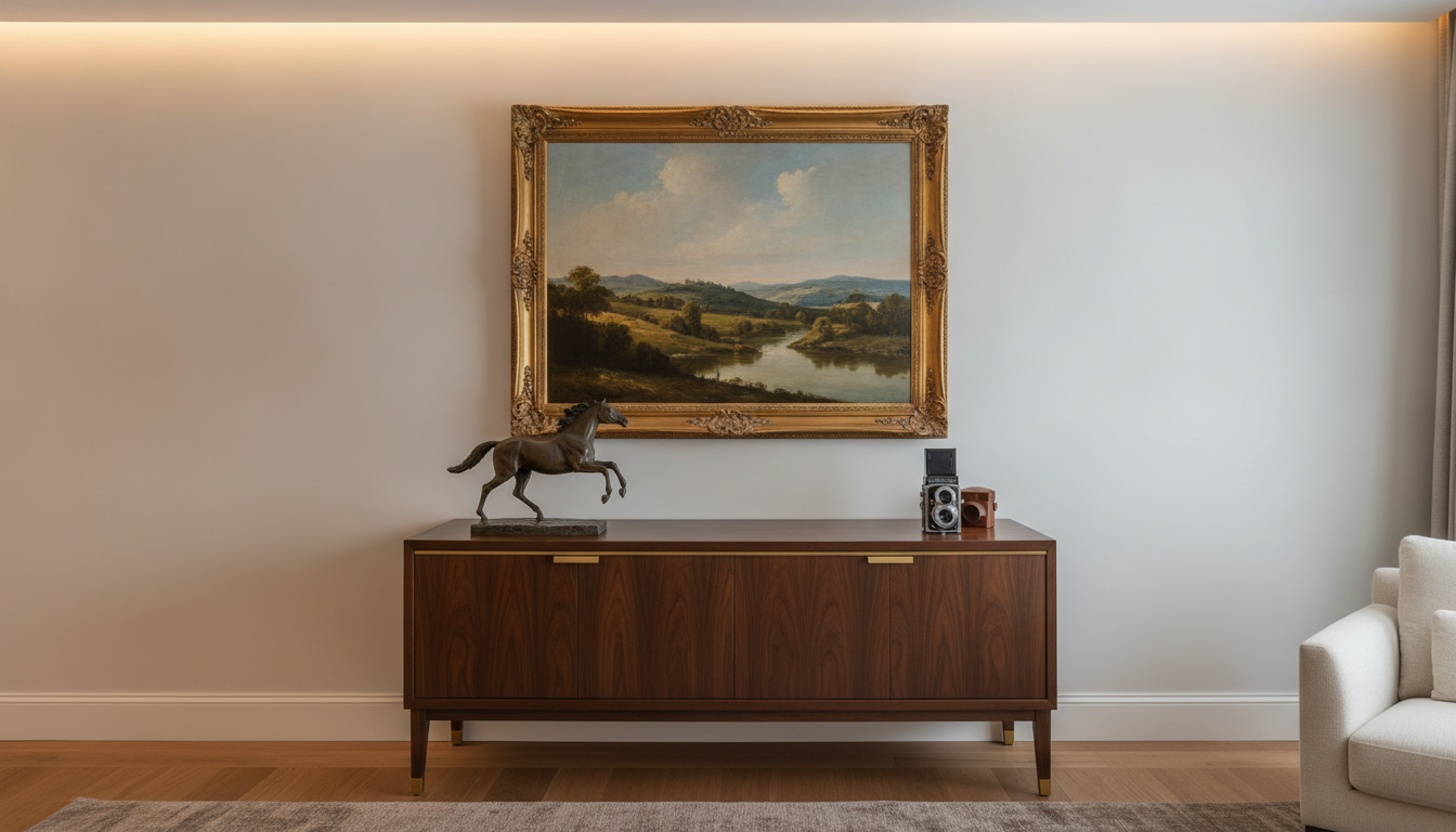 Fine art painting and valuable collectibles displayed in home living room