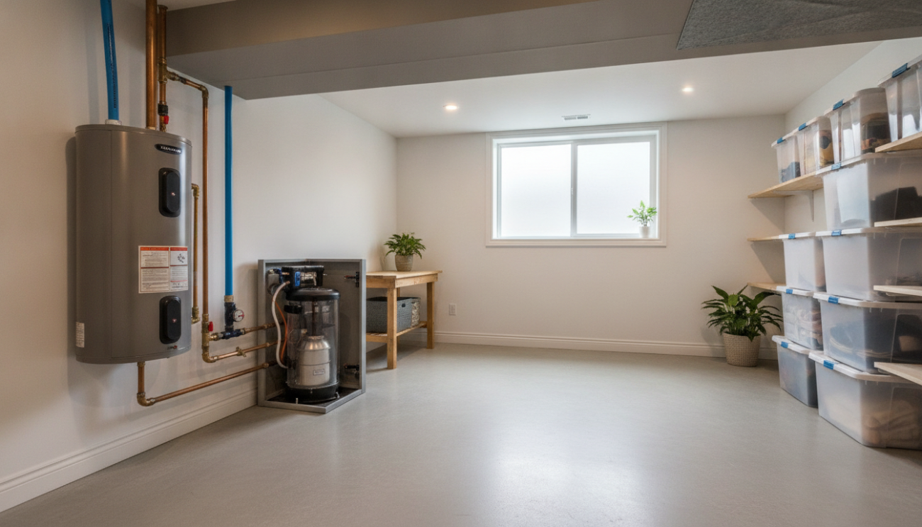 Suburban home basement showing water backup coverage protection and utility setup
