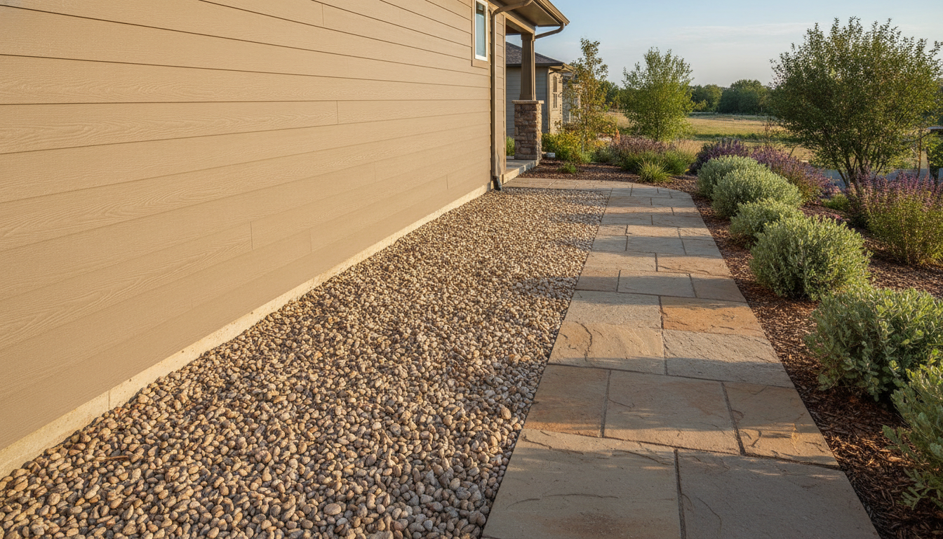 Five-foot gravel defensible space beside a home for wildfire insurance discount