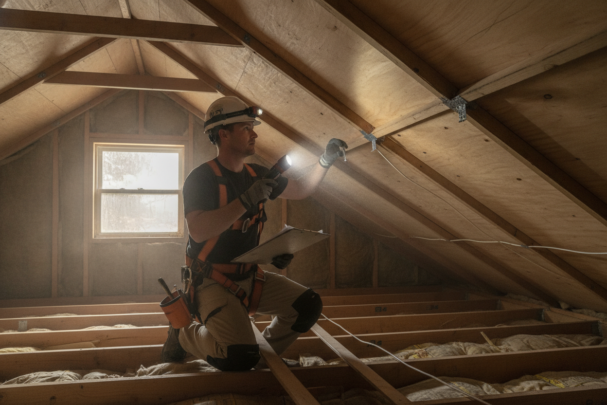 Roof evaluator inspecting attic details for FORTIFIED roof certification