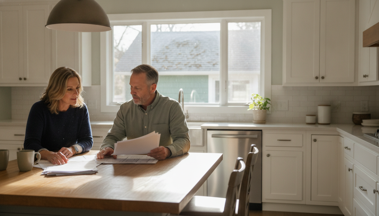 Homeowner and property appraiser reviewing a roof repair estimate at home
