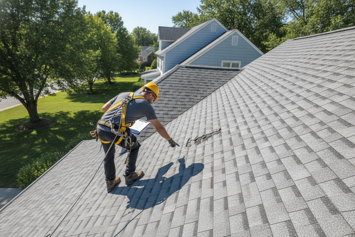 Roofer inspecting shingles before home insurance renewal