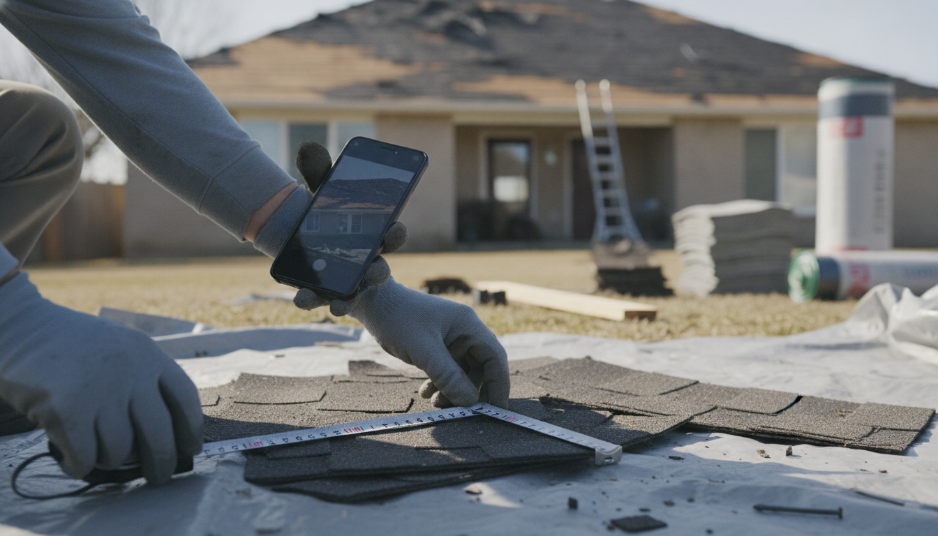 Contractor documents roof damage with a phone for an insurance claim supplement