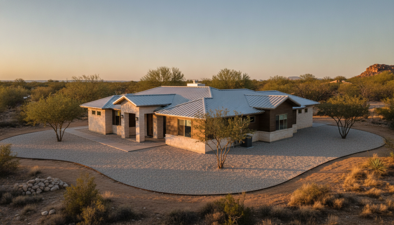 Fire-resistant home with gravel buffer for wildfire mitigation insurance discounts