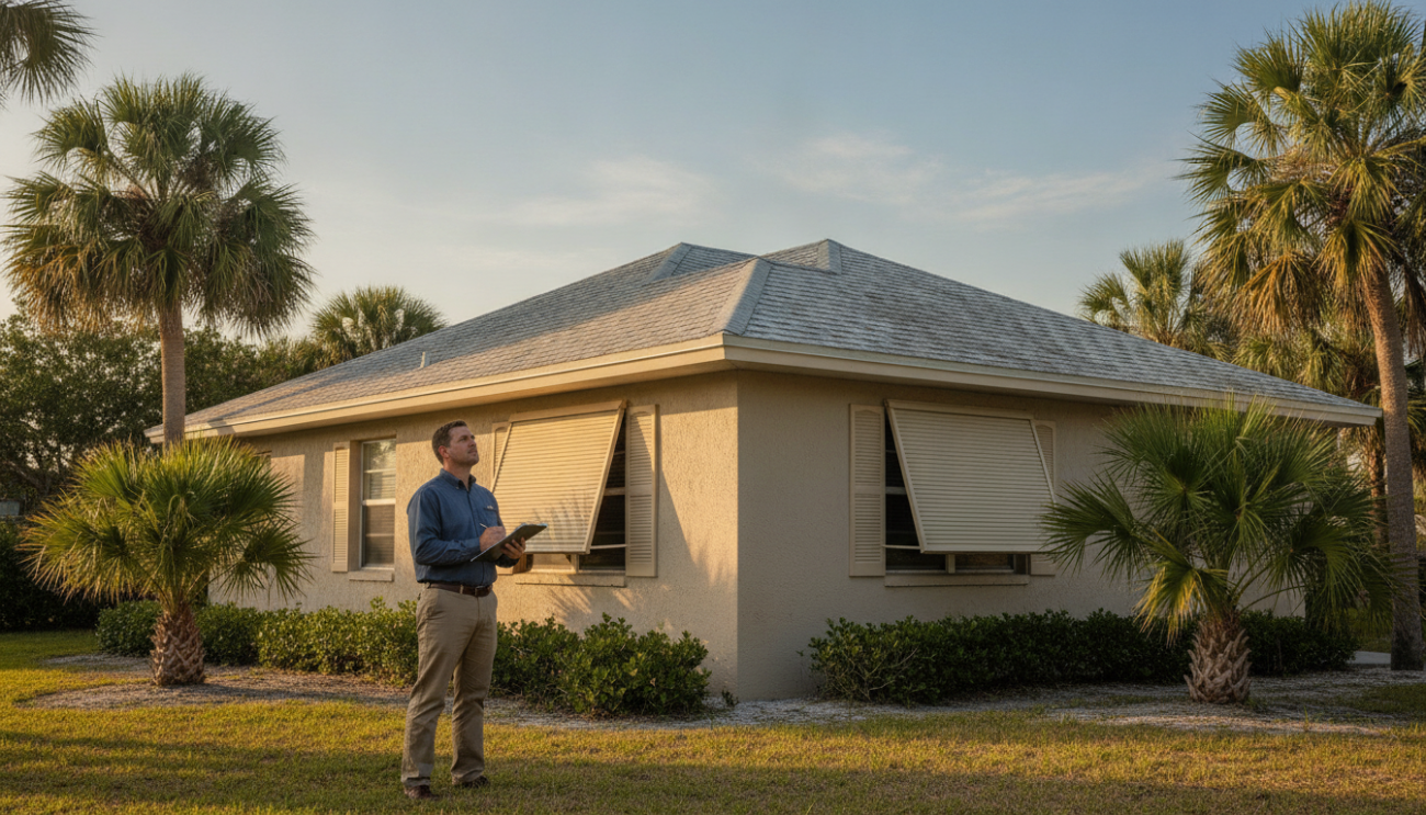 Inspector examines a Florida home's roof for a wind mitigation inspection